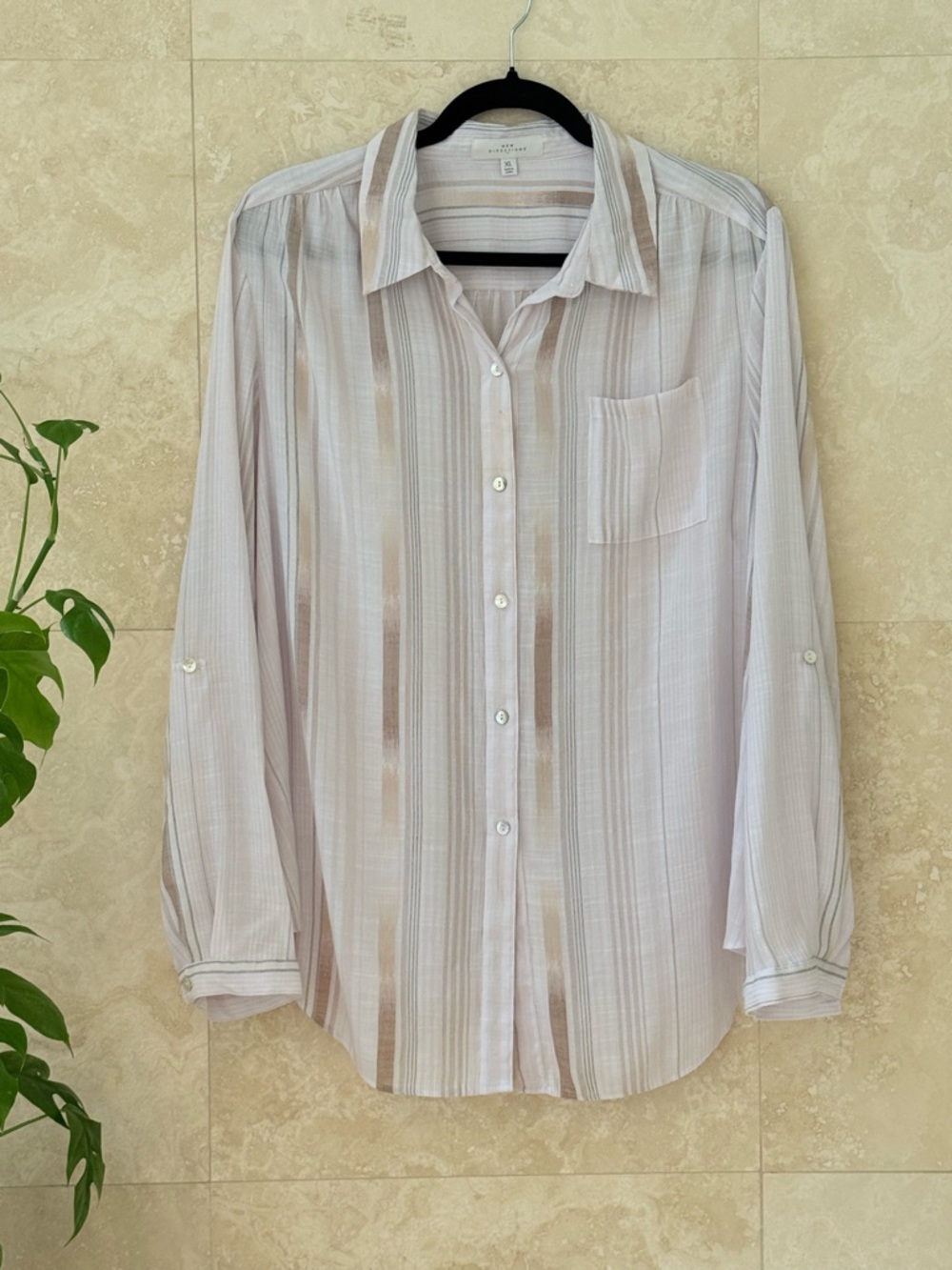 New Directions Stripe Button Down Blouse XL Sheer Lightweight EUC